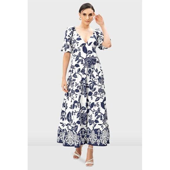eShakti Women's Cutout Back Floral Print Cotton Poplin Empire Tiered Dress - Picture 1 of 11